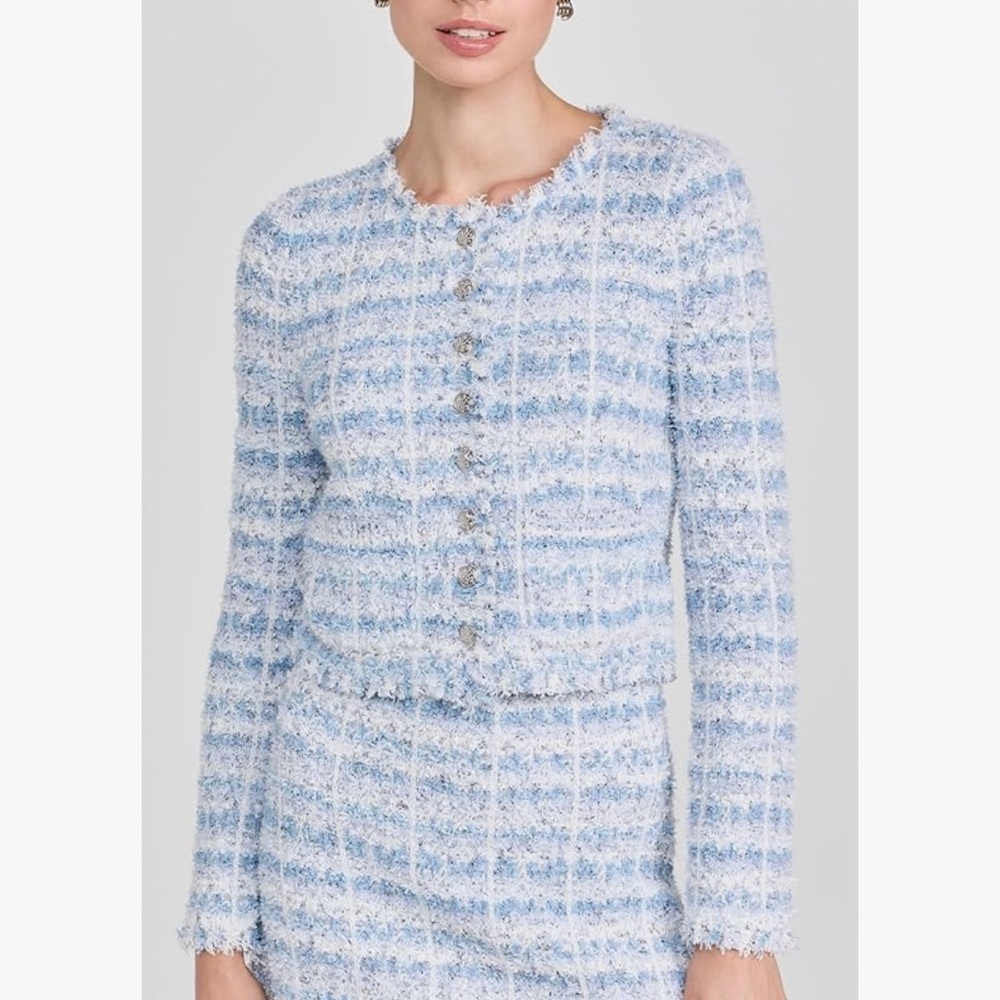 LoveShackFancy Spindle Blue and White Tweed Jacket Cardigan size S